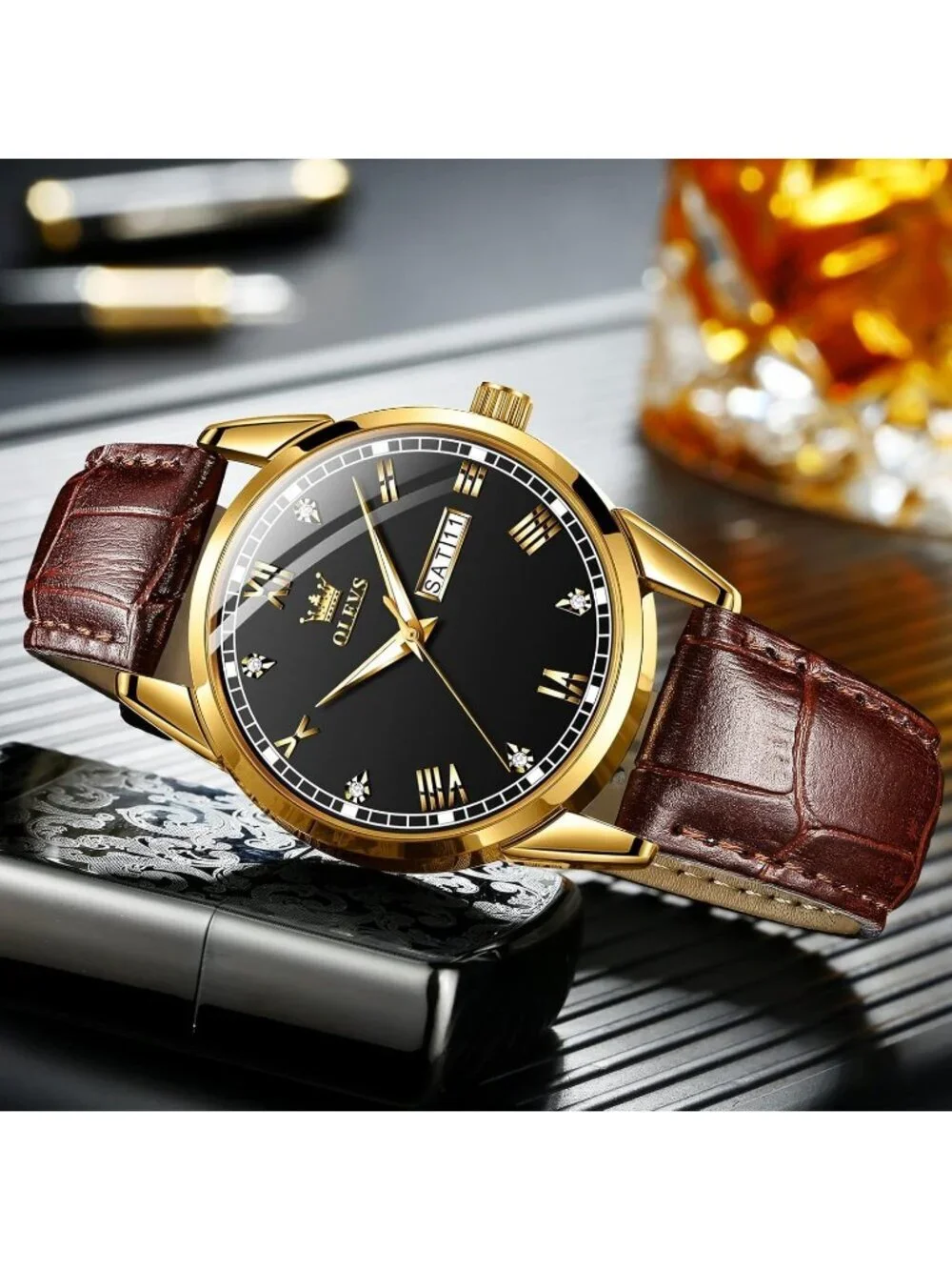 Men's Black Fashion Quartz Leather Brown Buckle Waterproof Luminous Round Watch